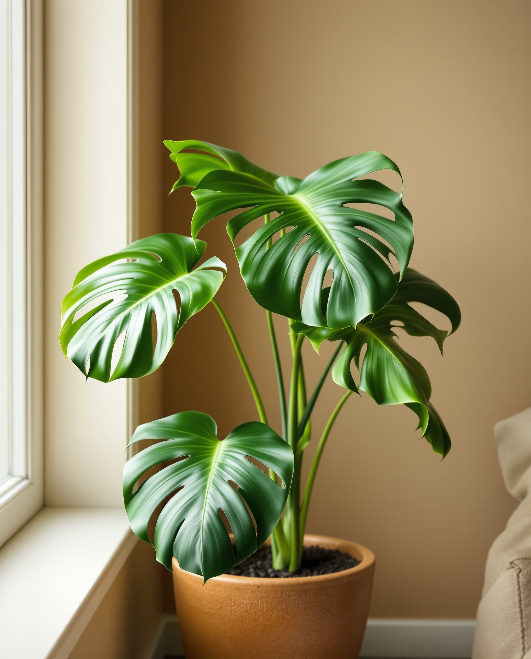 A Monstera deliciosa houseplant in a terracotta pot